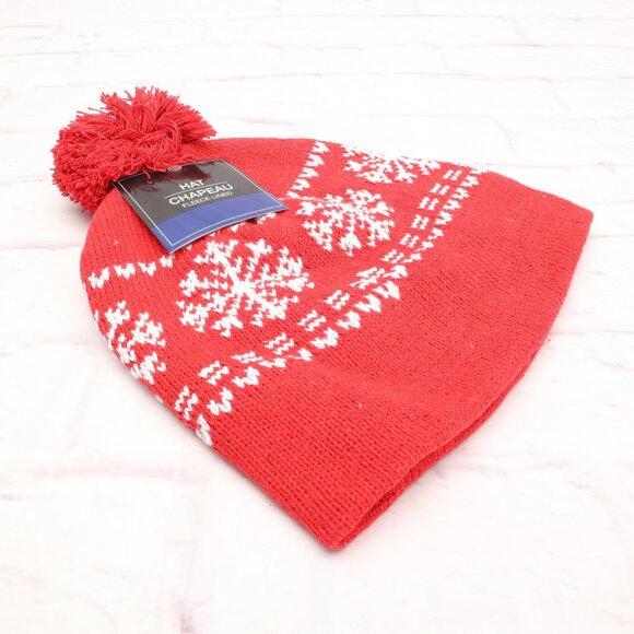 Chapeau Snowflake Winter Ski Beanie Hat Red White Fleece Lined W/Top Pom - Picture 2 of 9